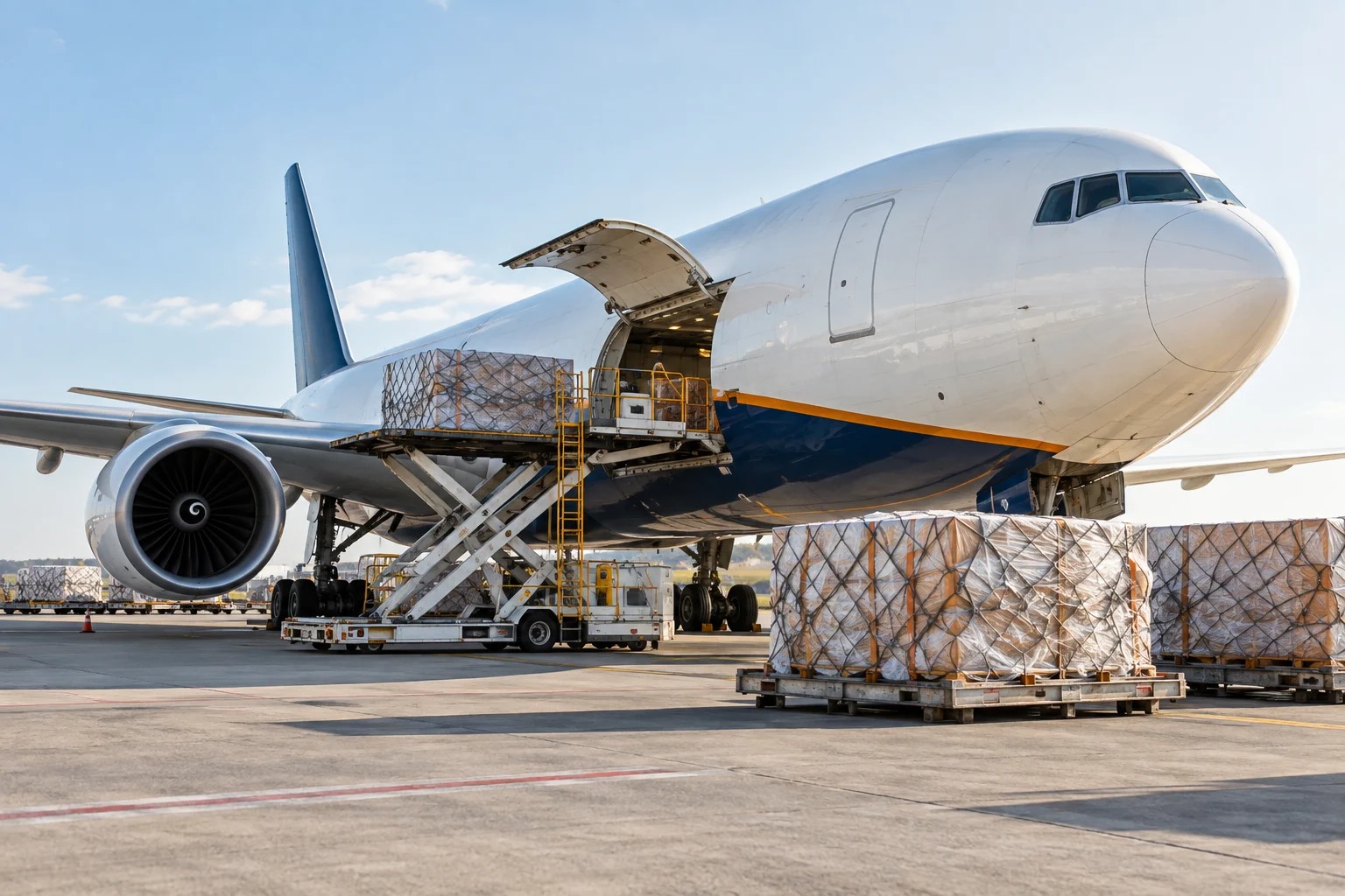Fotografía ilustrativa de un avión de carga junto a mercancía preparada para transporte aéreo