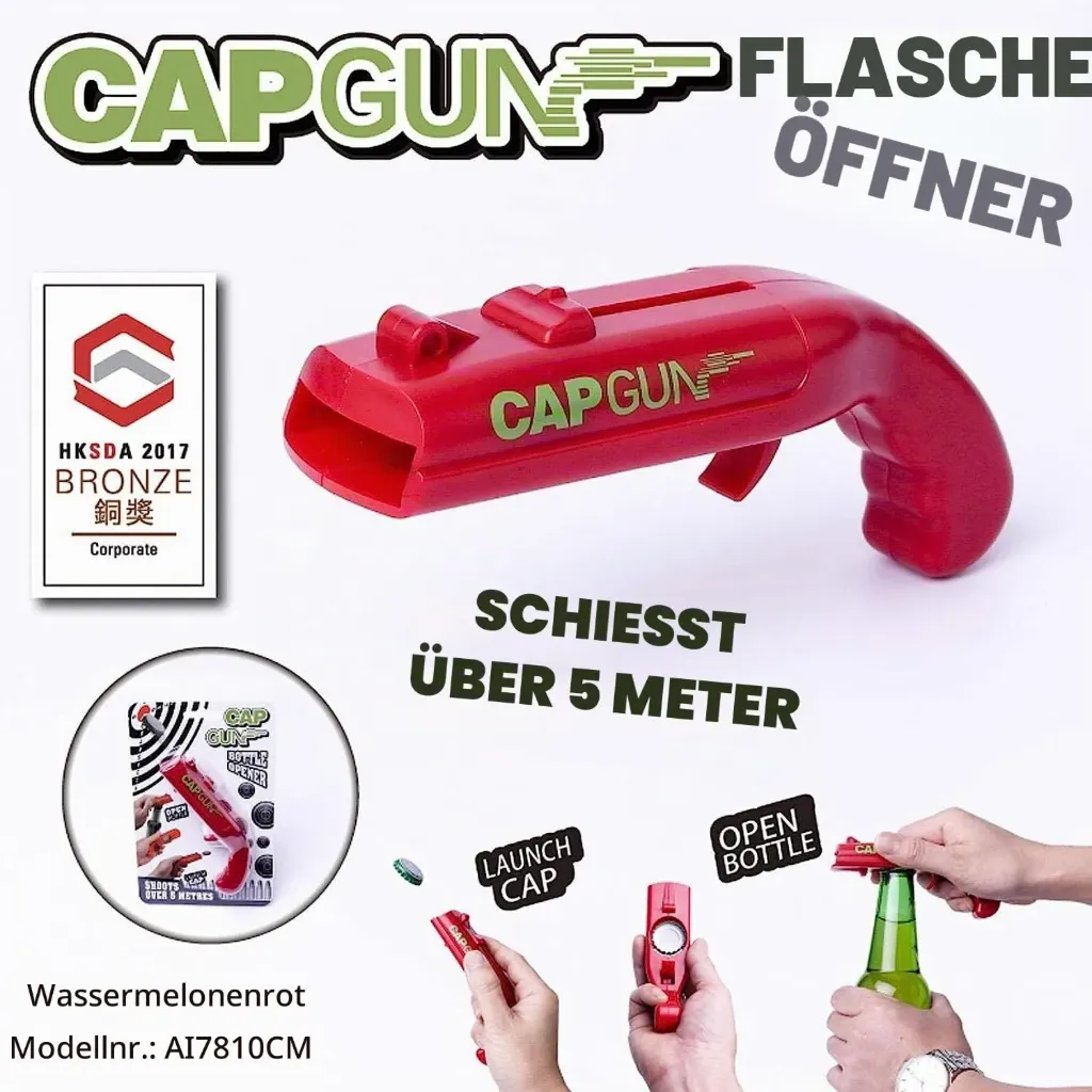 Destapador de botellas en forma de pistola con disparo de tapas.