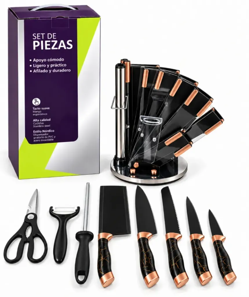 [GOLDEN-001] SET DE CUCHILLOS DE COCINA GIRATORIO 9 PCS