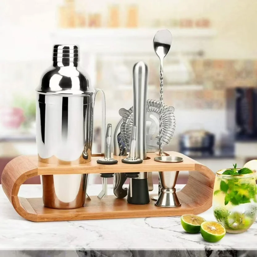 SET COCTELERIA x10 PIEZAS CON BASE DE BAMBU